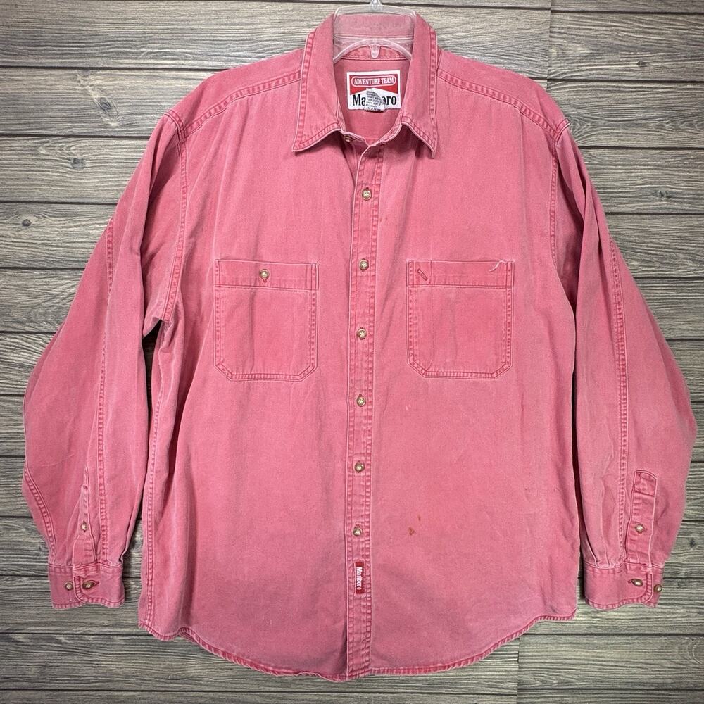 Marlboro Adventure Team Shirt Mens L Red Vintage Cotton Button Down USA Distress